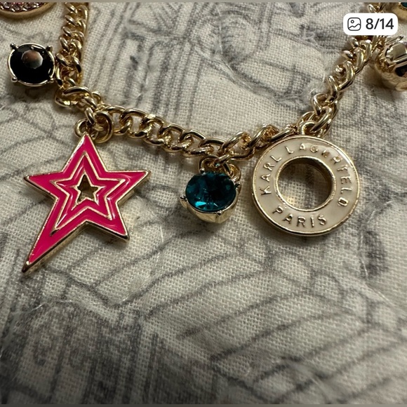 Karl Lagerfeld Gold-Tone Mixed Stone Multi-Charm Statement Necklace - Picture 8 of 9